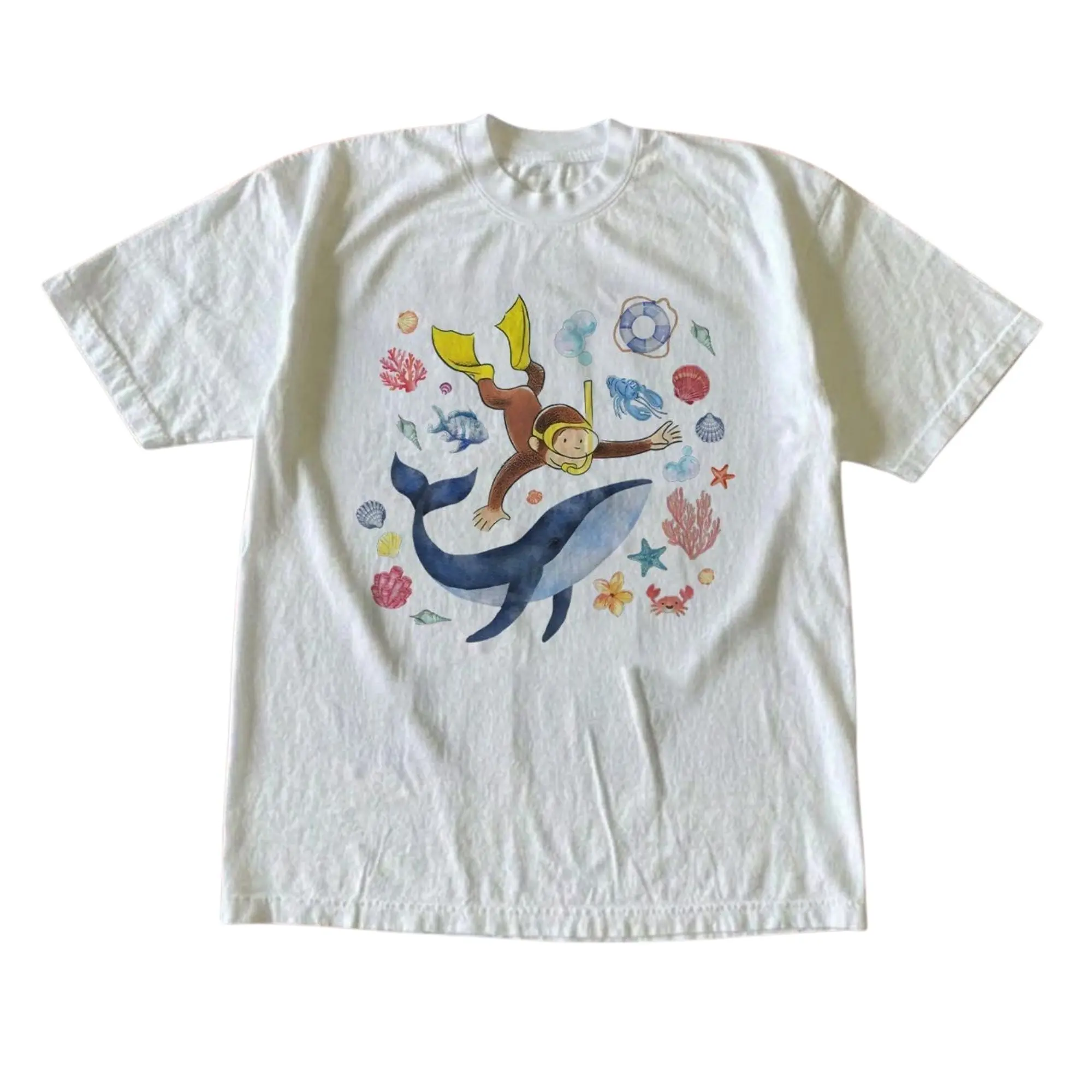 Curious George Snorkeling With Blue Whale Graphic T-Shirt, Whimsical Watercolor Ocean Scuba Diving Cartoon Illustration Art Print, Unisex White Heavyweight Streetwear Tee, Ocean Lover Gift