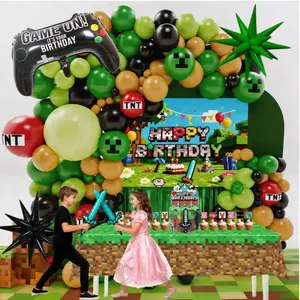 Pixel  Birthday Party Decorations, " " Pixel Theme Party Supplies Kit for Boys & Girls --131 Pcs Balloons, Backdrop, Curtain, Table Cover, Cake Toppers