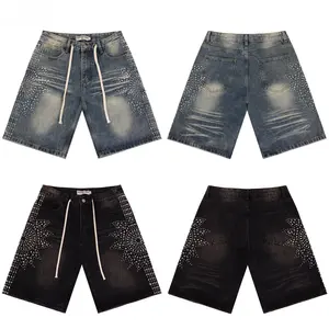 Vale Forever Side Symmetry Rhinestone Baggy Jorts, Vintage Washed Y2K Denim Shorts, Drawstring Waist & Frayed Hem, Unisex Casual Festival Wear