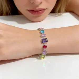 Y2K Dopamine Candy Shiny Colorful Zircon Geometric Beaded Bracelet 18K Gold Plated Energy Mood Boosting Jewelry for Women, Thoughtful Gift for Girlfriend BFF Her Jewelry, valentines gifts for gf gifts for bestfriend Colorful summer bracelet