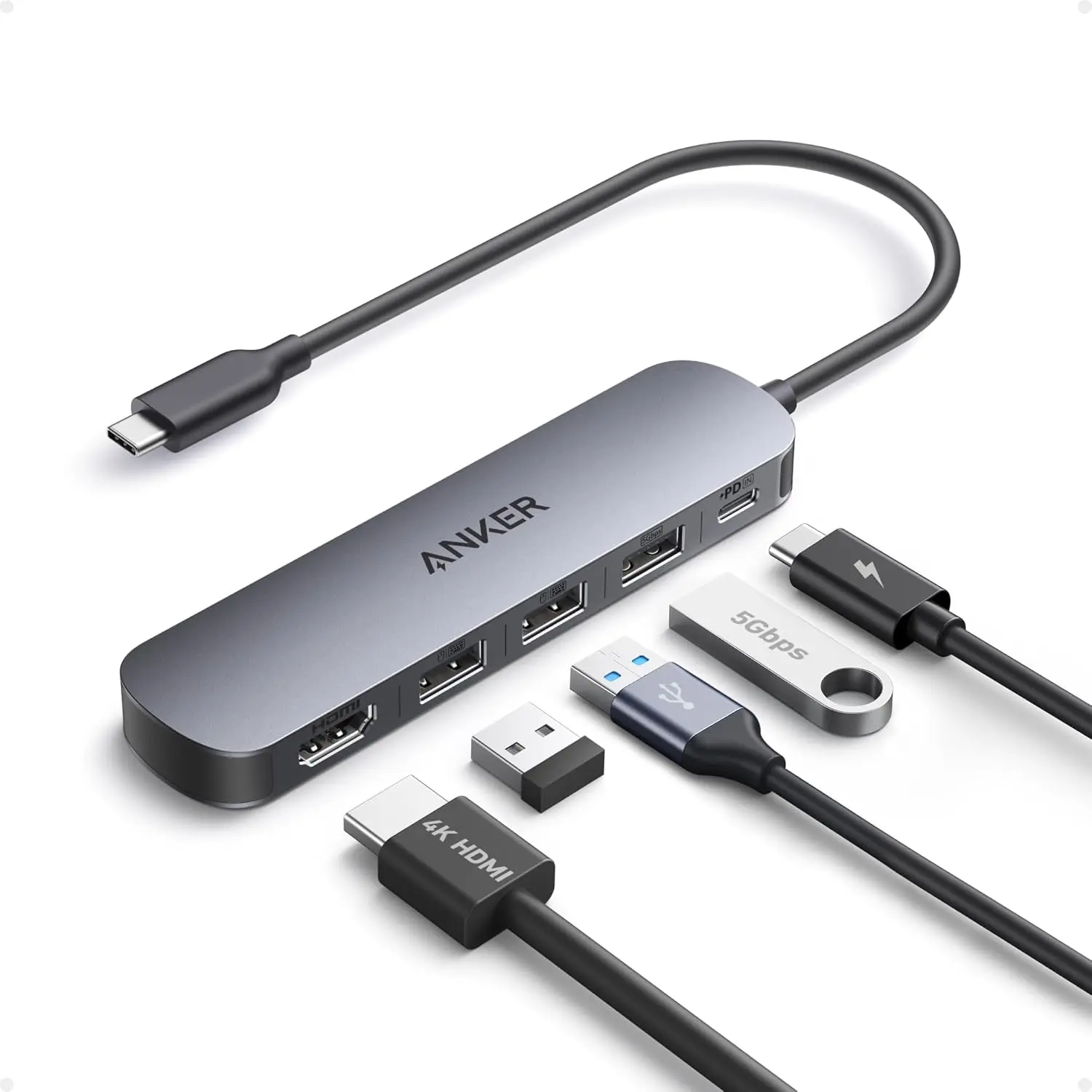 Anker USB C Hub, 5-in-1 USB Hub for Laptops, 4K HDMI USB-C Multiport Adapter with 90W Max Power Delivery, 3 USB A Data Ports USB C Dongle, Compact for MacBook, Dell, and More (Charger Not Included)