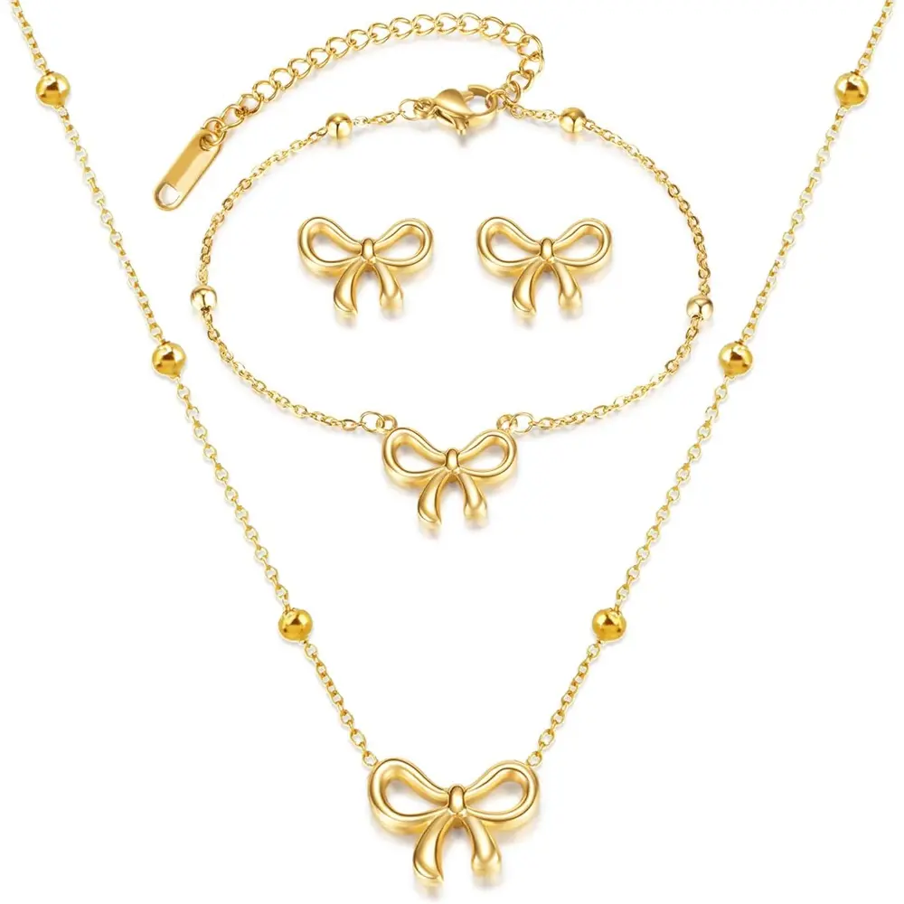 Bow Earrings Necklace Bracelet Gold Jewelry Set Trendy Bowknot Ribbon Pearl Choker Necklace Trendy Bow Stuff Jewelry Gifts summerwins