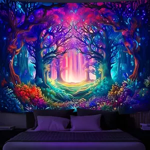Blacklight Fantasy Forest Tapestry, UV Reactive Nature Magical Tree Glow Wall Hanging Tapestries for Bedroom, Living Room