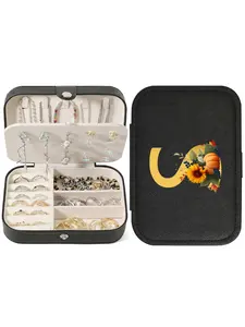 Perfect gift A-Z letter pumpkin pattern Halloween portable travel jewelry management box with multiple compartments, including rings, earrings, necklaces, bracelets, and watches, suitable for women
