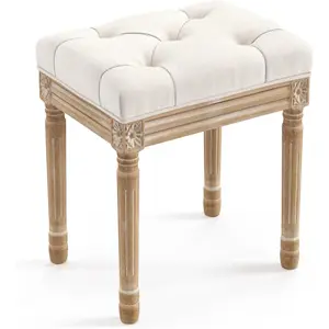 Upholstered Fabric Vanity Bench Seat, Makeup Stools for Vanity, Square Tufted Ottoman Bench with Carved Wood Color Legs for Bedroom Living Room, Beige