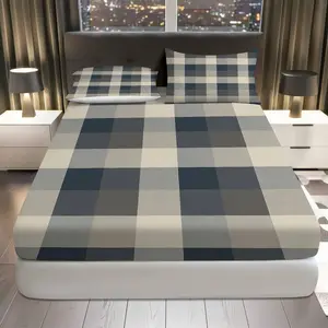 3Pcs Plaid Check Classic Fitted sheet Three Piece Set (1*Fitted Sheet+2*Pillowcases, Coreless), Rustic theme, Cozy Bedroom Bedding Set, Mattress protector Soft, Breathable