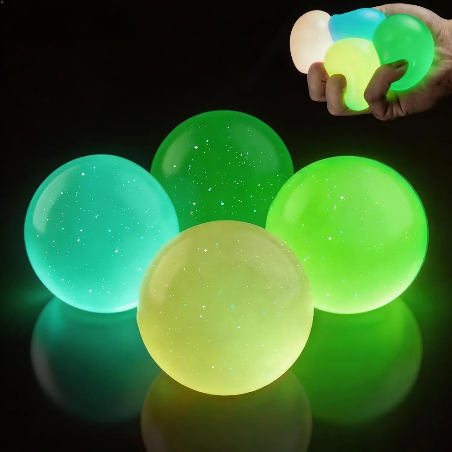 4 Glow-in-the-Dark Stress Balls, Unisex Soft Squishy Fidget Toys, No Battery Needed, Ideal for Adults' Anxiety Relief & Sensory Play Gifts