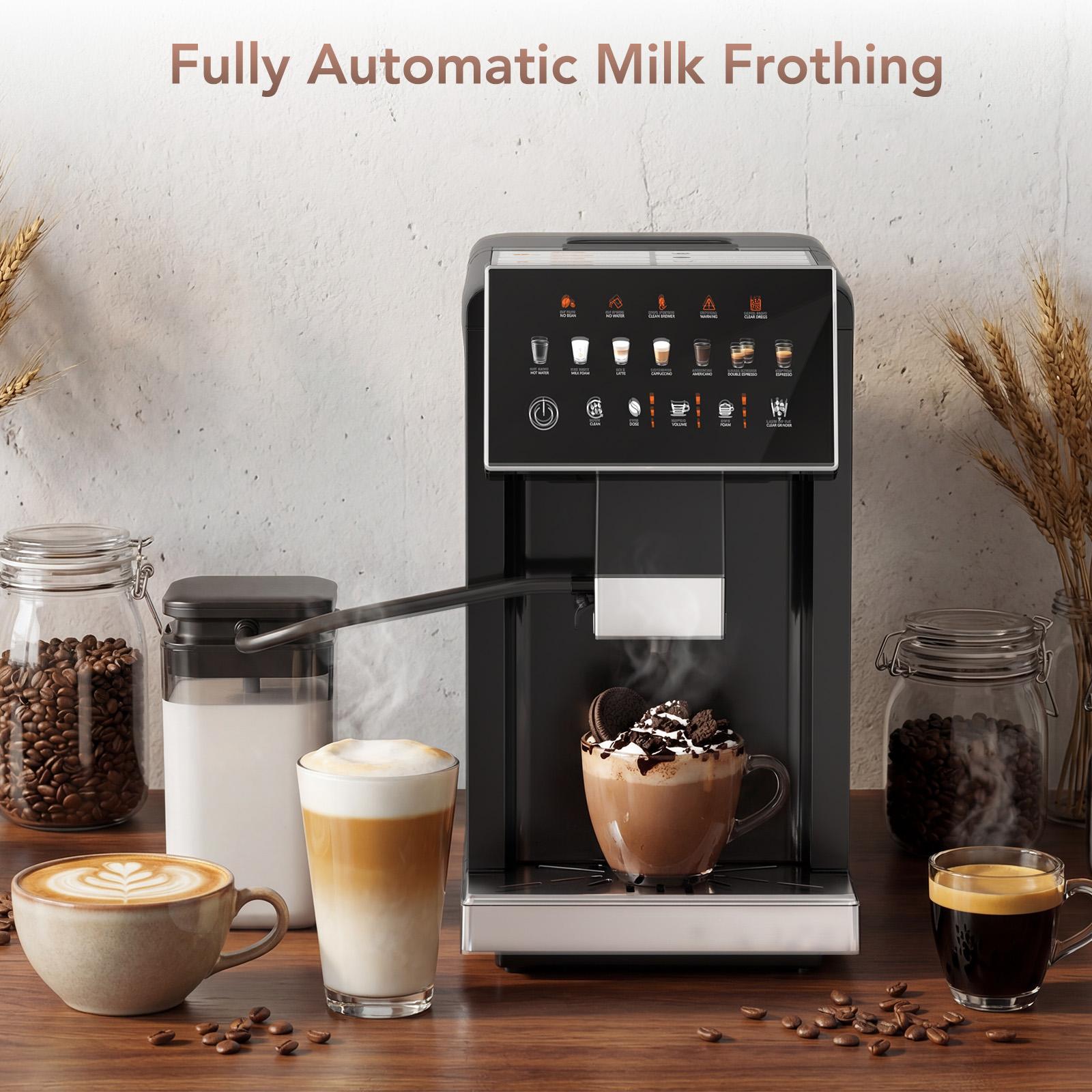 COWSAR Touchscreen Coffee Machine with Automatic Milk Frother, All-in-One Smart Espresso Maker for Cappuccino & Latte, Built-in Conical Grinder & Intelligent Reminder, Removable Brewer & Water Tank (Black)