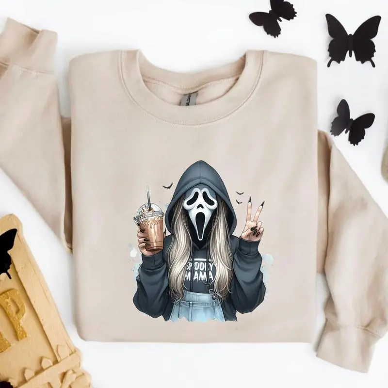 Mama Halloween Sweatshirt – Funny Ghostface Girl with Coffee and Peace Sign, Horror Movie Inspired, Spooky Fall Vibes,  Streetwear Womenswear