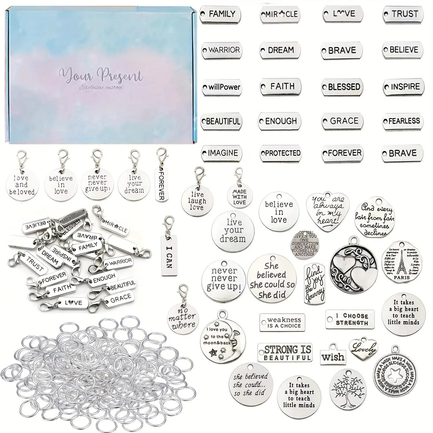 Keychain Making Kit, 207pcs/set, Jewelry Making Supplies, DIY Jewelry Making Accessories, Including 41pcs Vintage Letter Pendant, 45pcs Lobster Clasp, 120pcs Ring & Box, DIY Beading Accessories, Diy Jewelry Decoration, Beading Kits