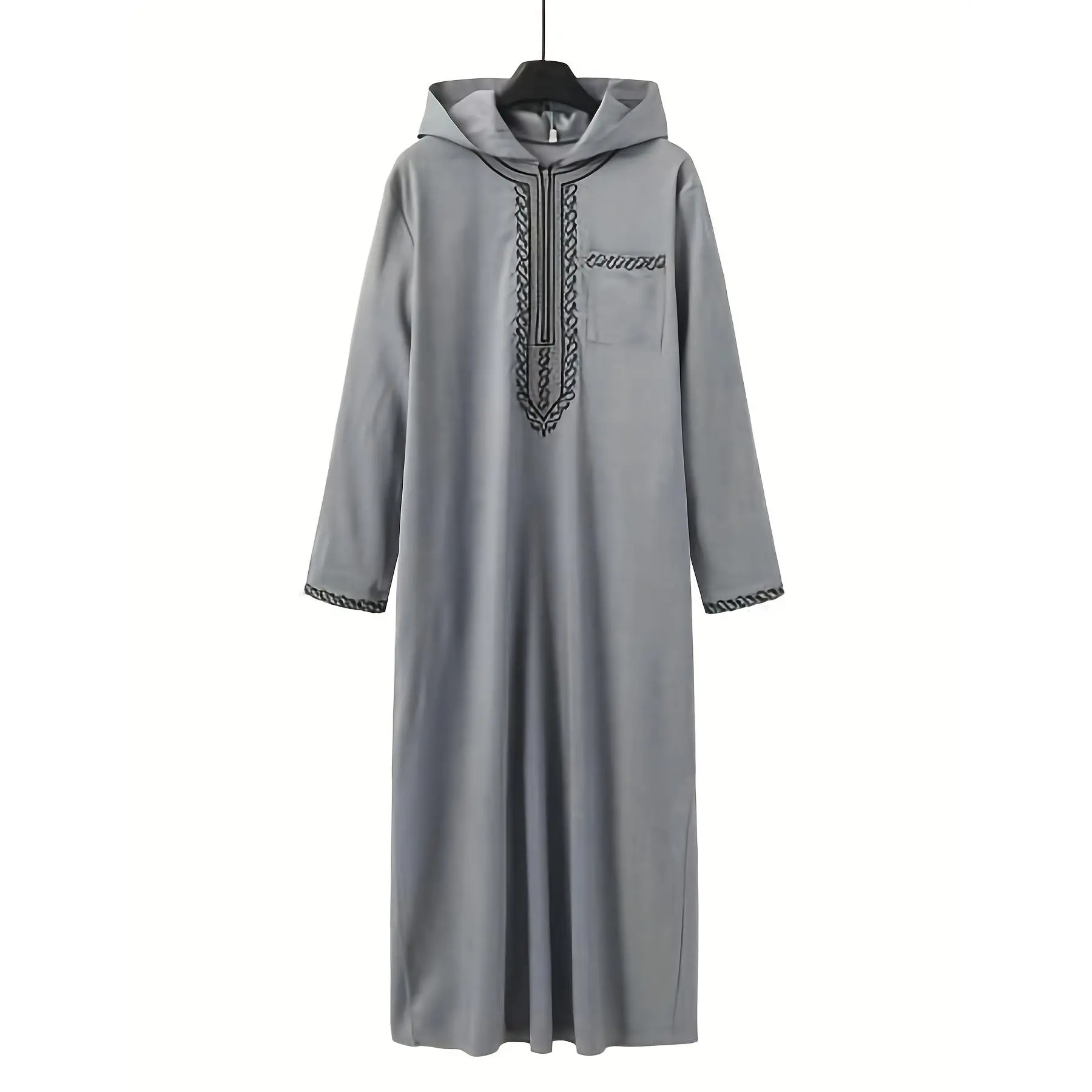 Men's Traditional Hooded Thobe - Woven Polyester Fabric, Regular Long-Sleeve, Loose-Fit, Geometric Embroidery, All Seasons, Dry Clean, Islamic Modest Party Robe, Woven Fabric, Regular Sleeve, Geometric Print, Men's Burqa, None, Multi-Size, Graphic
