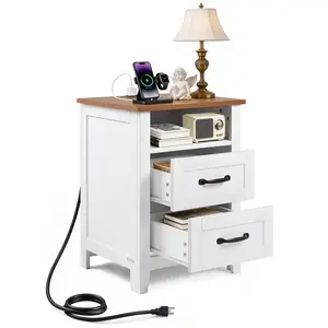 VEVOR Farmhouse Nightstand, with Charging Station, End Table with 2 Drawers and Open Shelf, Bedside Storage Cabinet, Rustic Side Table with USB Port and AC Outlets, for Bedroom, Living Room, White