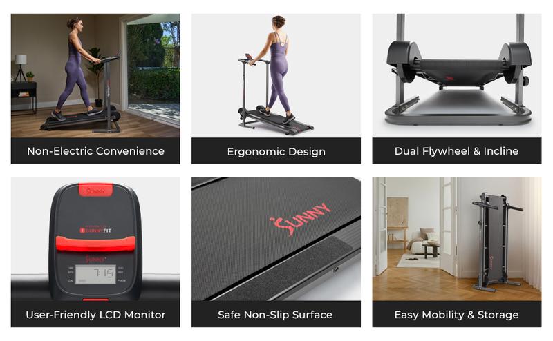 Sunny Health & Fitness Slim Foldable Manual Treadmill, Home Gym Workout Fitness, Fixed Incline, Shock-Absorbent 42" x 13" Deck, Performance Monitor, Compact Space-Saving Design for Walking/Jogging/Running, 330 lbs Capacity