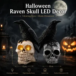 Halloween LED Skull Decor, Glowing Skeleton Head with Crow, Haunted House Horror Prop, Gothic Tabletop Ornament, Scary Party Decoration