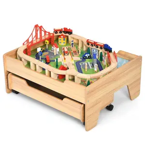 Costway Train Table, Wooden Kids Activity Table with Storage Drawer,  Multicolor Pieces, Tracks, Trains, Cars, Large Multipurpose Playset for Children, Gift for Boys Girls Age 3+,Christmas Festival Gift Black Friday Cyber Monday