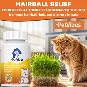 PetVibes Hairball Chews for Cats | Natural Hairball Remedy with Psyllium & Vitamins | Supports Digestion & Reduces Hairballs | Cat Grass Flavor | 200 Tablets