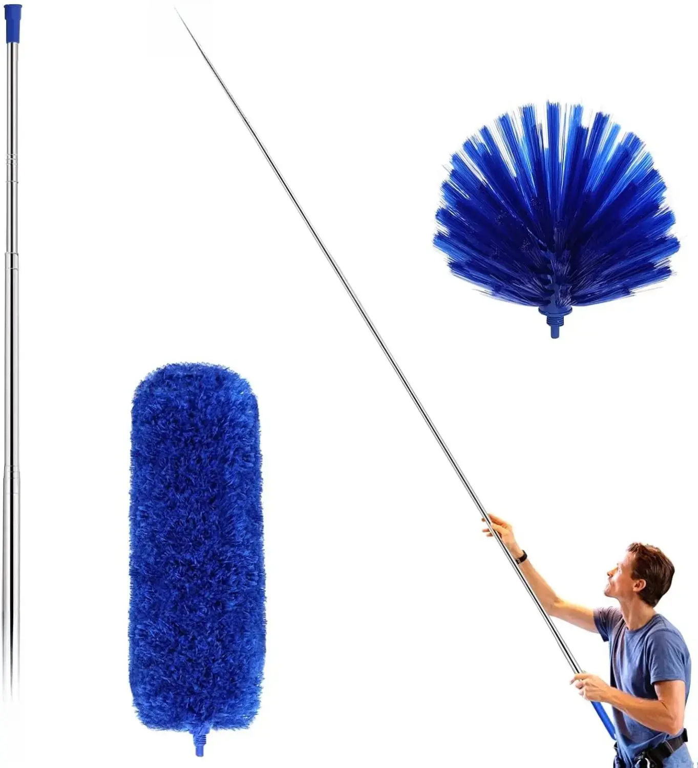 New Deal - Cobweb Duster with Extension Pole, Washable Cleaning Duster Kit with 2 Duster Heads, Cobweb Duster, Corner Brush, 15-100 Inch Long Aluminum Telescoping Pole for Ceiling Fan (Blue)
