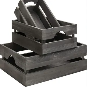 3pcs Rustic Gray Wooden Storage Crates Set with Handles - Versatile, Nesting Organizer Boxes for Home & Office Decor, Solid Wood, Decorative