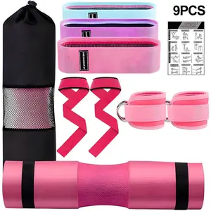 9 Pcs Barbell Pad Set, Barbell Squat Pad for Hip Thrusts, Lunges, Leg Day with 2 Gym Ankle Straps, 3 Hip Resistance Bands, 2 Lifting Strap, Barbell Pad and Carry Bag,Pink
