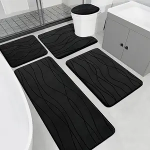 5 Piece Black Memory Foam Bathroom Rug Sets - Ultra Absorbent Non-Slip Quick Dry Machine Washable Bath Mat for Bathroom