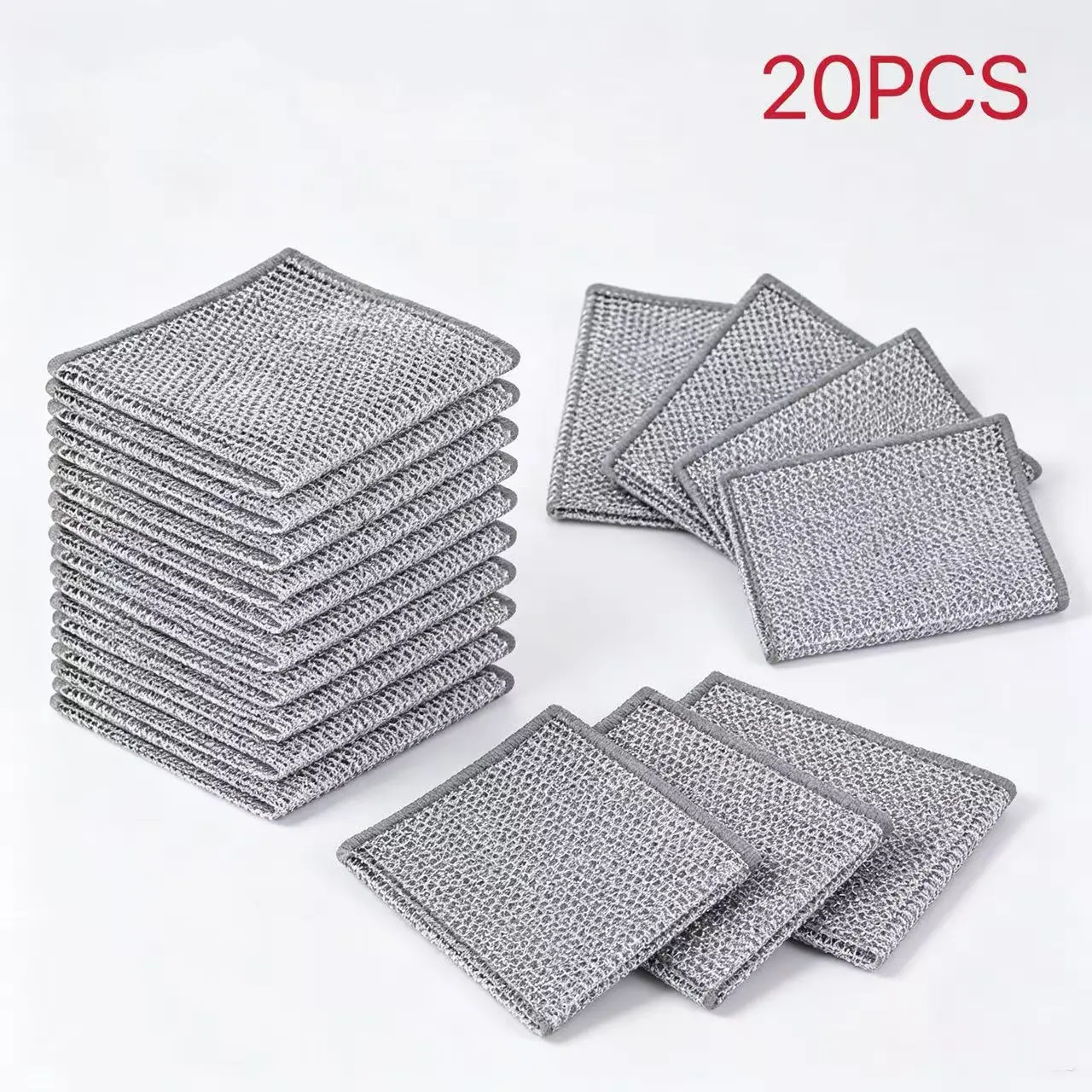 Non-scratch steel wire dishcloths, 20 individual packets, double-layer, reusable, 7.87×7.87 inches; wet/dry dishcloths made of steel wire; odorless cloths; cleaning pads; steel brushes; for kitchen sinks, dishes, and stovetops