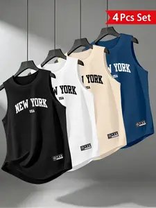 Summer Men's Essential New York Slogan Sleeveless T-Shirt 4-Pack, Showcases Muscle Lines, Perfect for Sports and Daily Wear