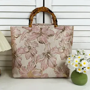 Elegant Floral Jacquard Tote Bag with Natural Bamboo Handle, Retro Large Capacity Work Bag, Versatile Daily Handbag for Women