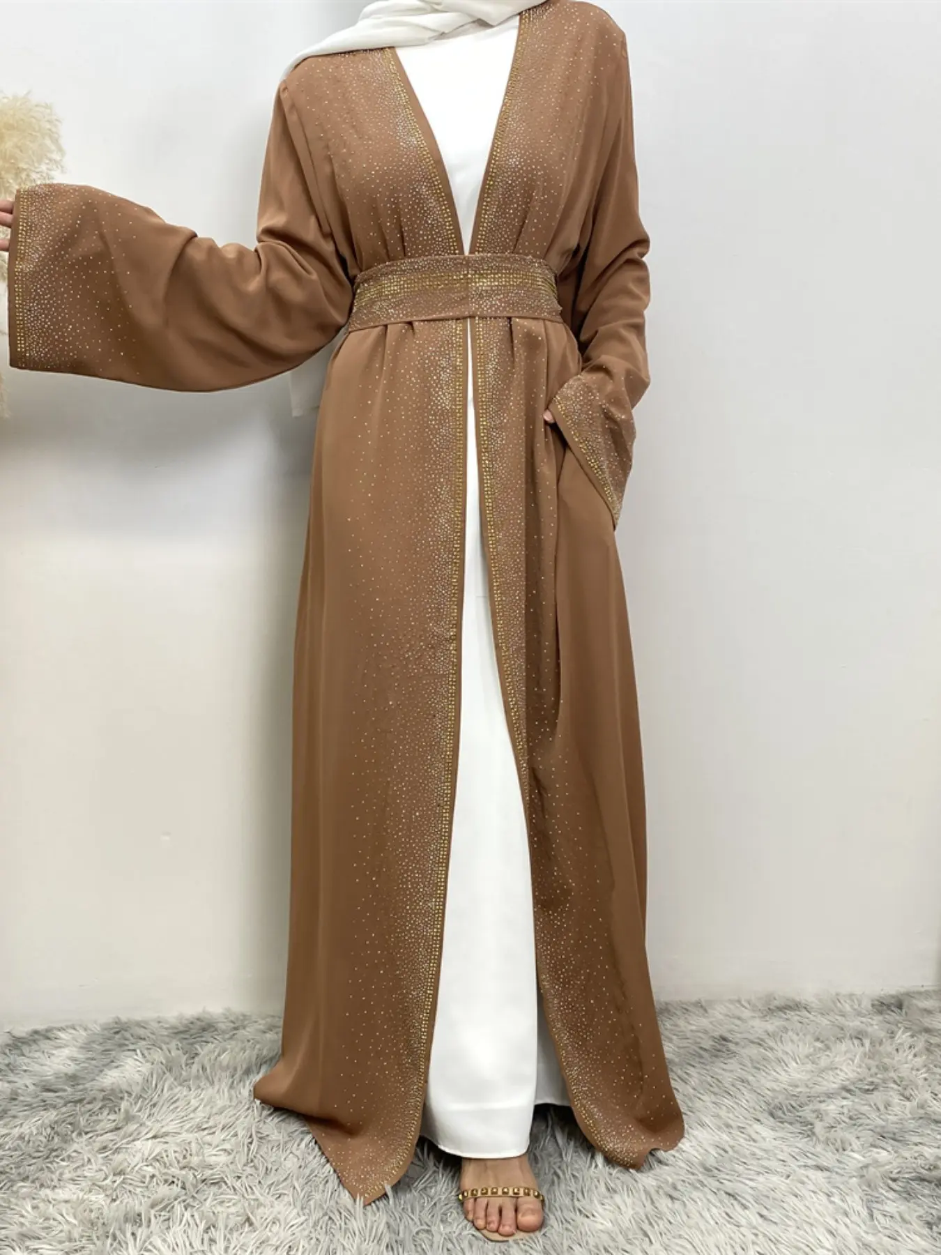 Brown Rhinestone Belted Cardigan with Pockets, Modest Fashionable Long Dress for Women, Modest Style Dress, Perfect for Special Occasions and Dubai Celebrations