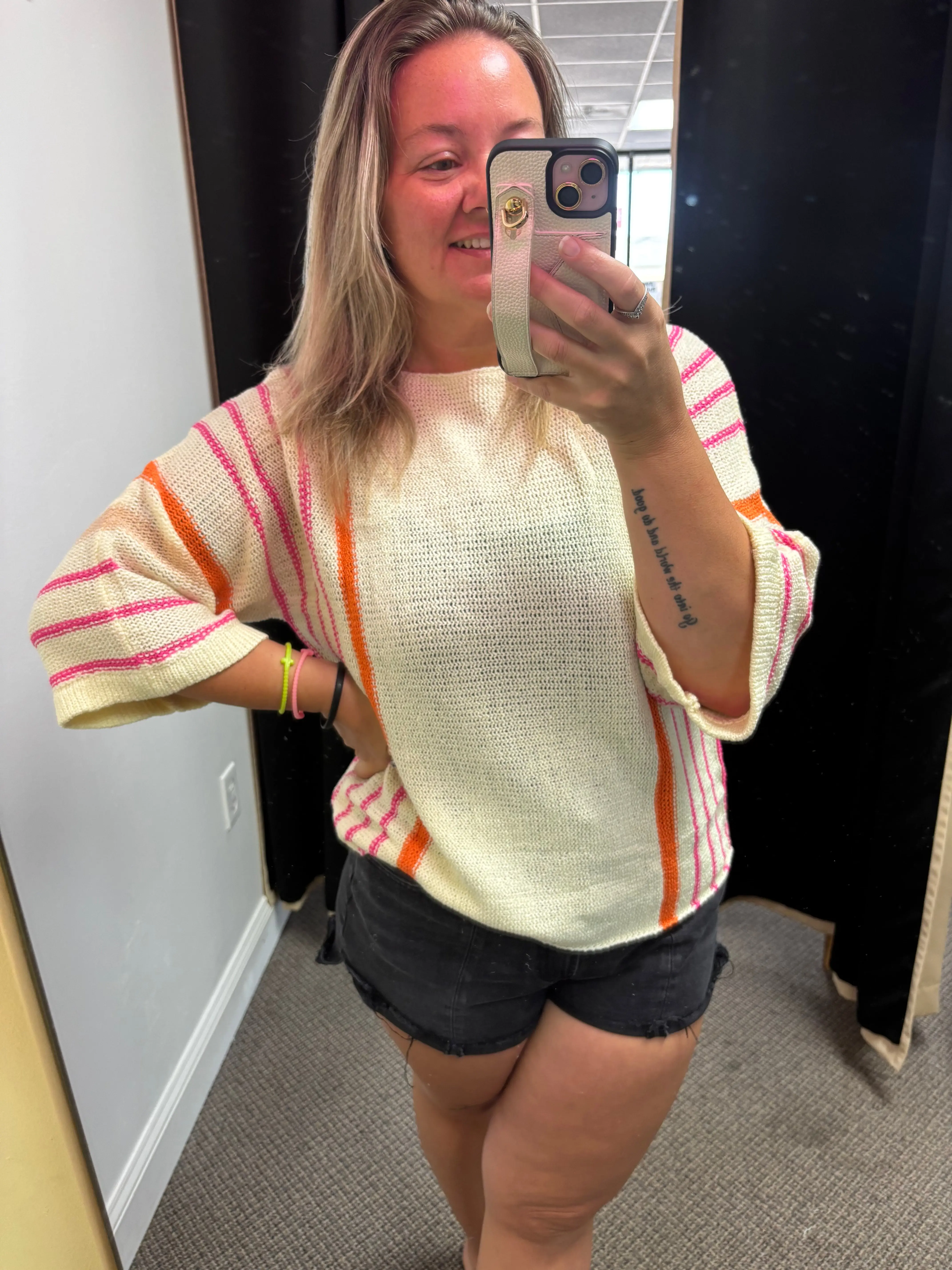 White Striped Detail Wide Sleeve Lightweight Knitted Sweater