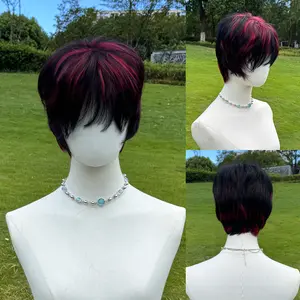 SMILCO 6Inch Highlight Black With Red Short Bob Curly Synthetic Wig SM530 for Bold Look and Modern Flair 6 Inch Short Bob Curly Texture Black with Red Highlights