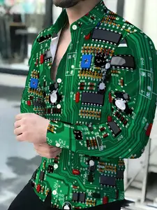 Circuit Board Pattern Printed Men's Long Sleeve Shirt, Tech Style Fashion Casual Shirt, Green Digital Design Top