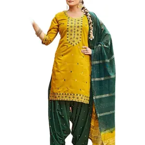Indian Pakistani Dress 3 Pieces Set - Mustard Yellow & Green Embroidered Kurta with Matching Skirt and Dupatta Casual Womenswear