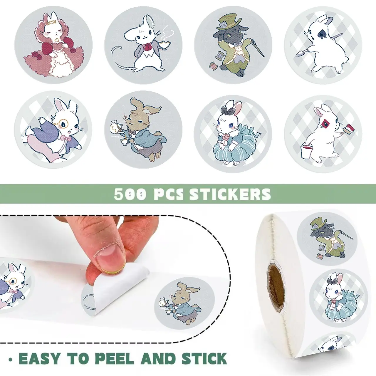 500 Sheets Roll 1 Inch Cute Bunny Stickers, Perfect for Water Bottles, Laptops, Envelopes, Phone Cases, Decorative Adhesives