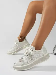 Super Flashy Full Rhinestone Thick Sole Platform Shoes, Breathable Sport Casual Shoes, Height Boosting Mesh Design, Slimming Effect