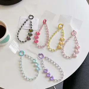Colorful Heart Square Beaded Phone Strap, Phone Charms, Fashion Anti-Loss Phone Case Lanyard, High-End Accessory with Transparent Clip