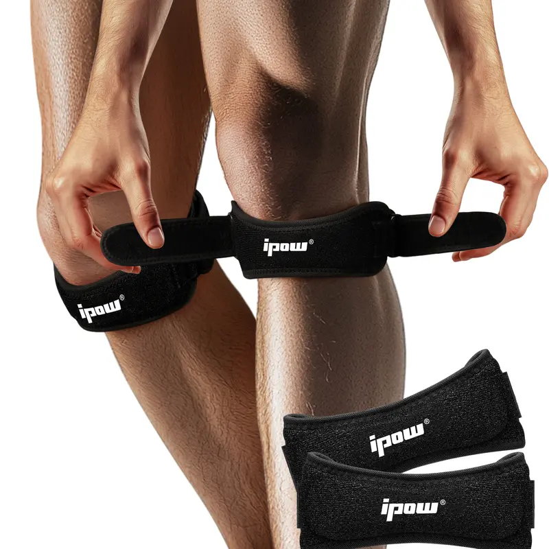 IPOW 2-Pack Pull-On Elastic Knee Brace Sports Sleeves & Support - Lightweight Black Adjustable Compression Patella Bands for Adult Relief, Protecting Knees During Hiking, Volleyball