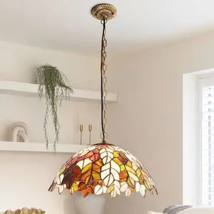 Tiffany Style 15.8 Inch Maple Leaf Stained Glass Pendant Light Antique Bronze Iron Frame Adjustable Chain E26 Base Wall Switch Control for Kitchen Dining Living Room Foyer