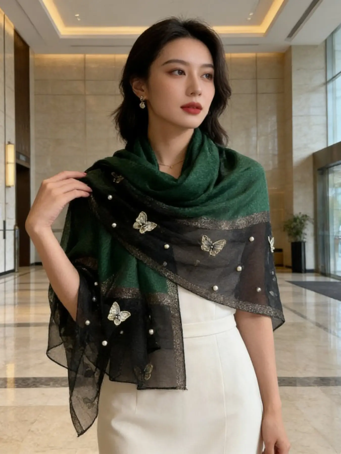 Thin Silk Scarf for Spring and Summer, Butterfly Beaded Decorative Accessory, Imitation Silk Material, Stylish and Elegant Wrap, Silk Feeling Scarf, Silk Like Scarves