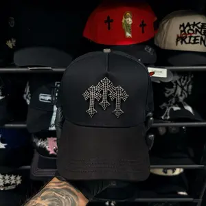 Barbas Hats Chrome-Rich ForeverG5 Black Baseball Cap with Rhinestone Cross Design Matte Black Base Stealth Luxury Look