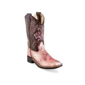 Old West Pink/Brown Children Girls Faux Leather Crackle Cowboy Boots