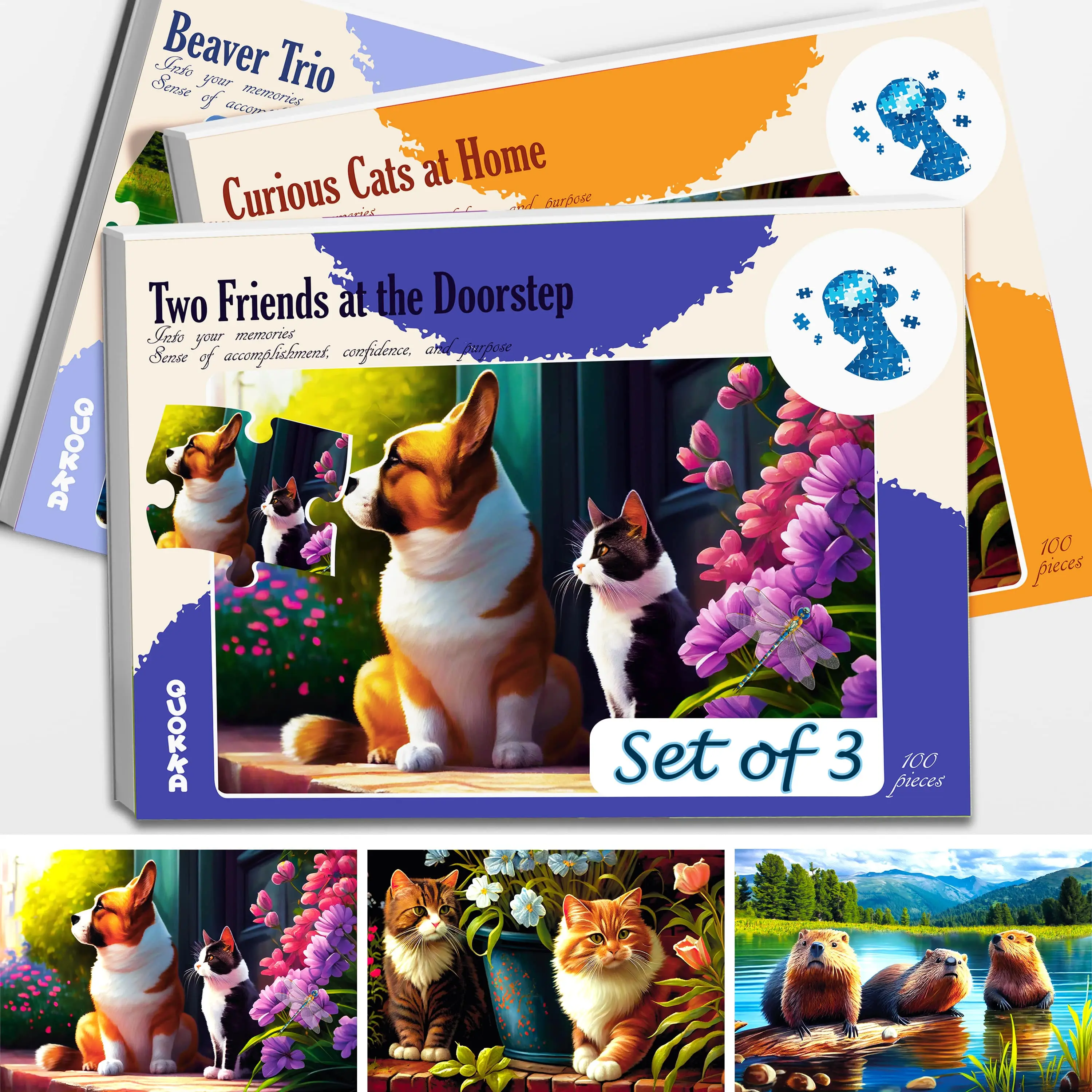 QUOKKA 3-Set 100-Piece Dementia Jigsaw Puzzles for Seniors - Large, Easy-to-Handle Animal Themes (Beavers, Cats, Dog), Memory Aid Adult Puzzle Games, Jigsaw Puzzle