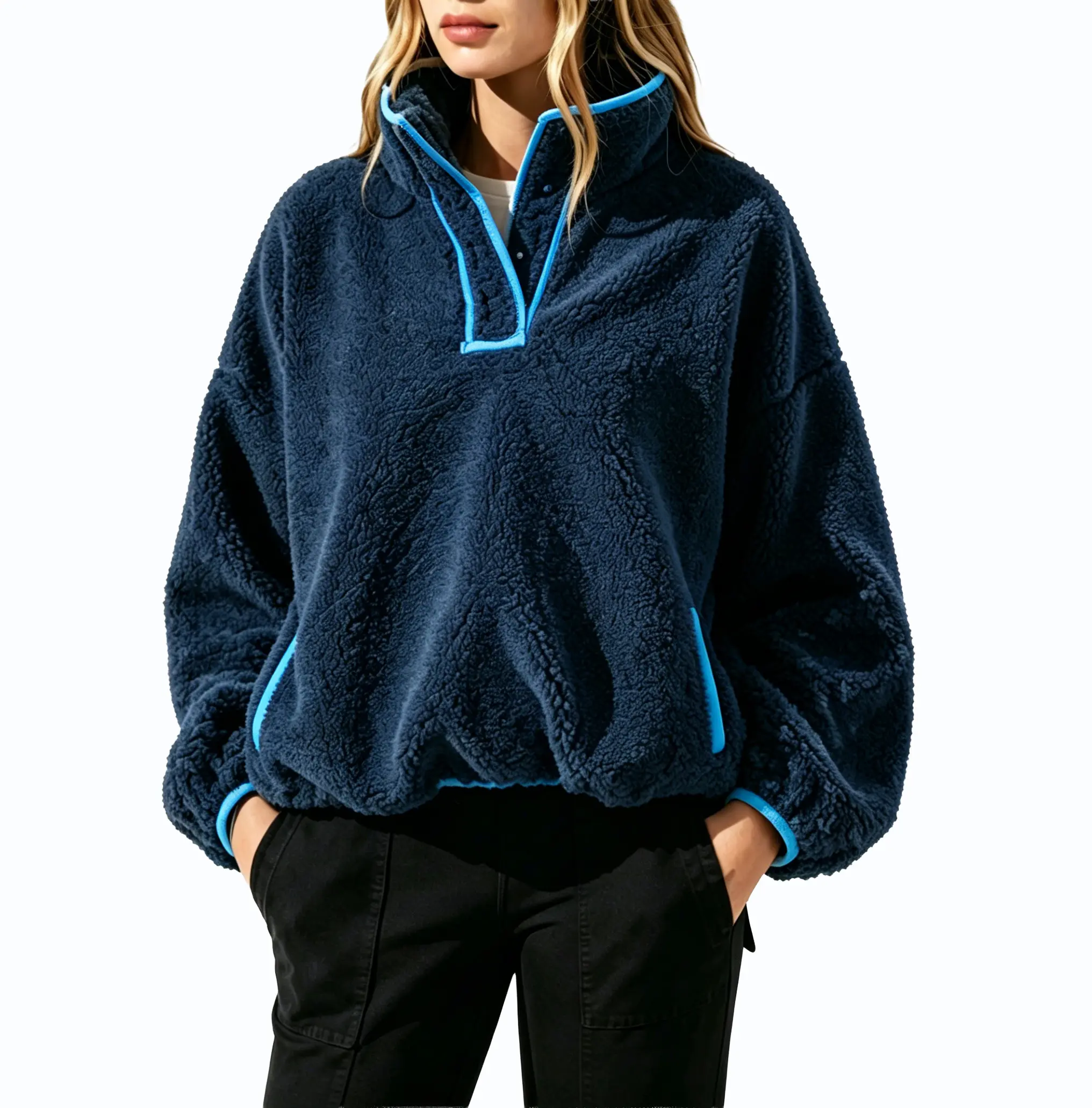Fisoew Women's Oversized Casual Cropped Sherpa Fleece Pullover - Long Sleeves, Stand Collar, Contrast Trim, Elastic Fit, Cargo Pockets, Balloon Silhouette, Warm Fuzzy Bottom-Hemmed Comfort Jacket, 1-Piece Top
