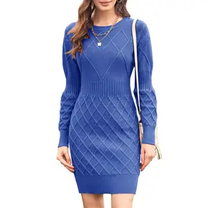 Lannew Womens Sweater Dress Long Sleeve Crewneck Diamond Knit Sweater Dresses Sexy Slim Fit Pullover Dress