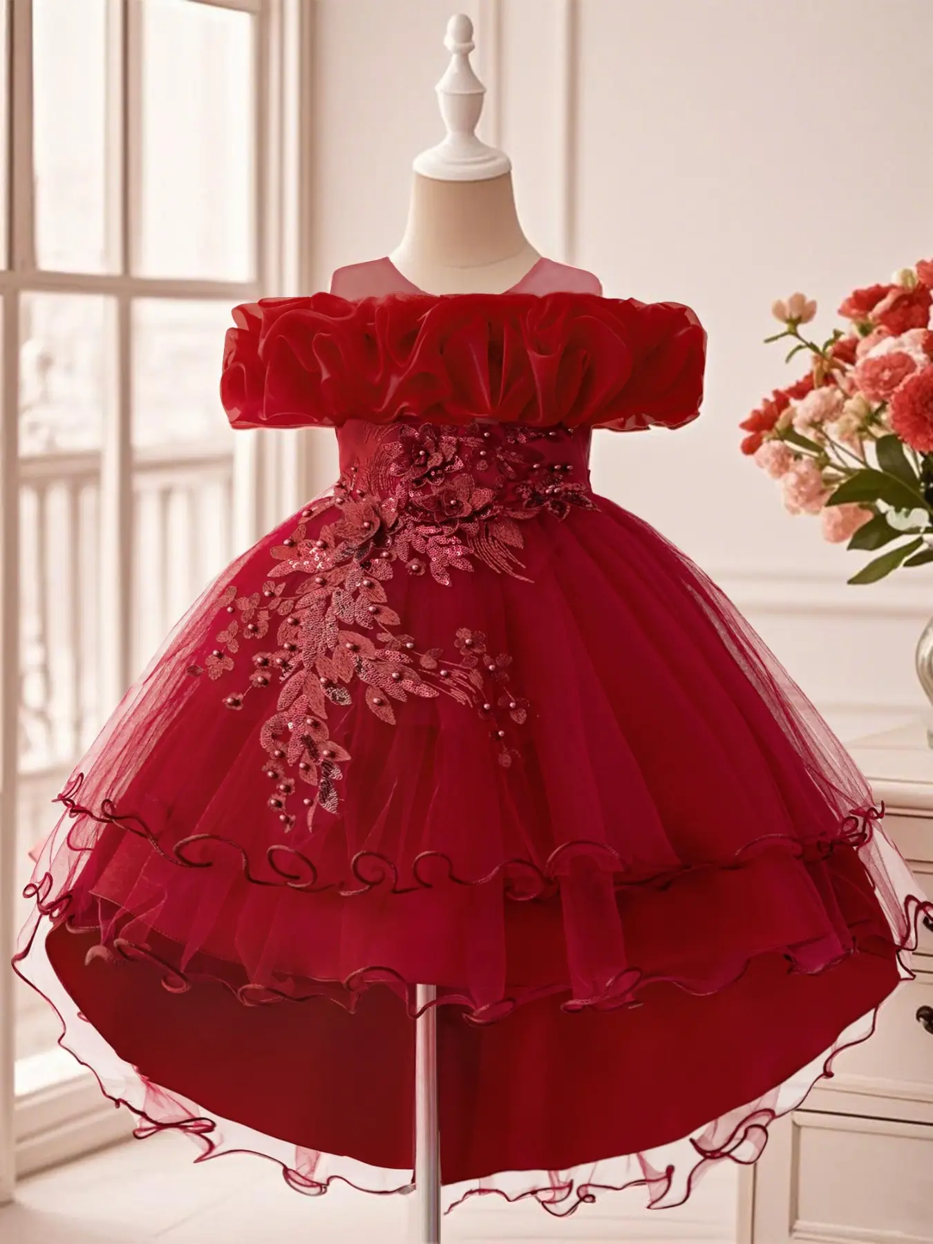 Tween Girl Shiny Sequin Multi-Layer Tulle Prom Party Dress Bridesmaid Graduation Wedding Princess Dress For Four Seasons