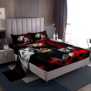 Feelyou Wild Lion Couple Decorative Bedsheet Set - Red Rose Floral, Gold and Crown Design Bedding Set for Women, Valentine's Day Themed Linens, Decorative Bedsheet Sets