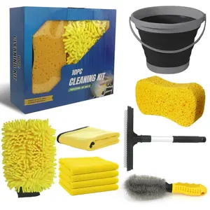10 count  Wash Detailing Kit Cleaning Kits,with Collapsible Bucket Wash Mitt Sponge Terry Towels Wheel Brush Window Scraper Coral  Towel,  Cleaning Tools Kit for Interior, Exterior, Wheels