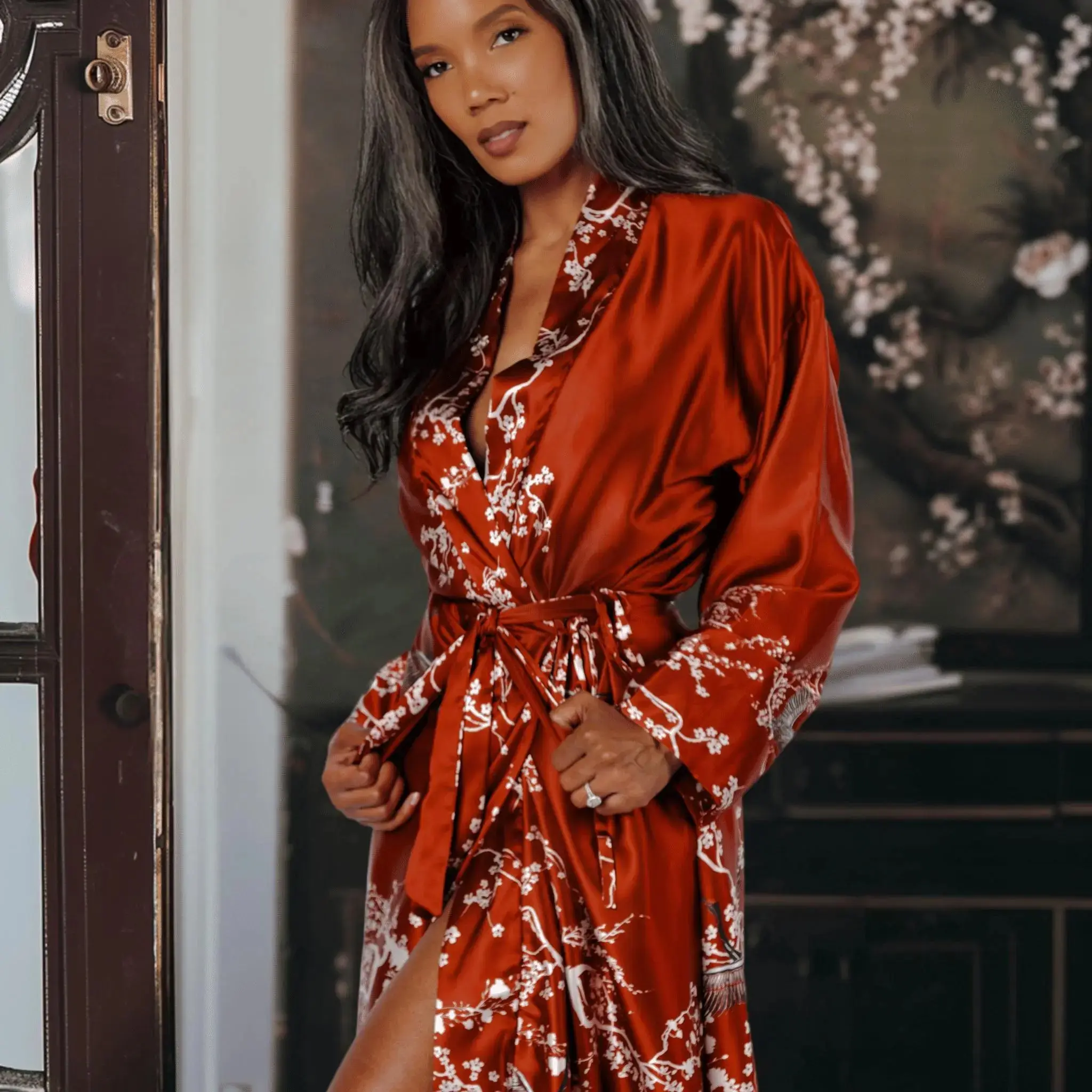 Imperial Blossom Red Satin Robe Kimono – Luxury Loungewear Elegance for Women Floral Printed Cherry Blossom Pattern, Belted Design, Long Fit