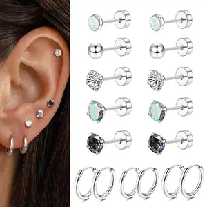 8 Pairs Surgical Stainless Steel Earrings for Women Men Hypoallergenic Stud and Hoop Earrings for Sensitive Ears CZ Flat Back Earrings Stud 20 G Stainless Steel Cartilage Earrings Small Flatback Earrings Set