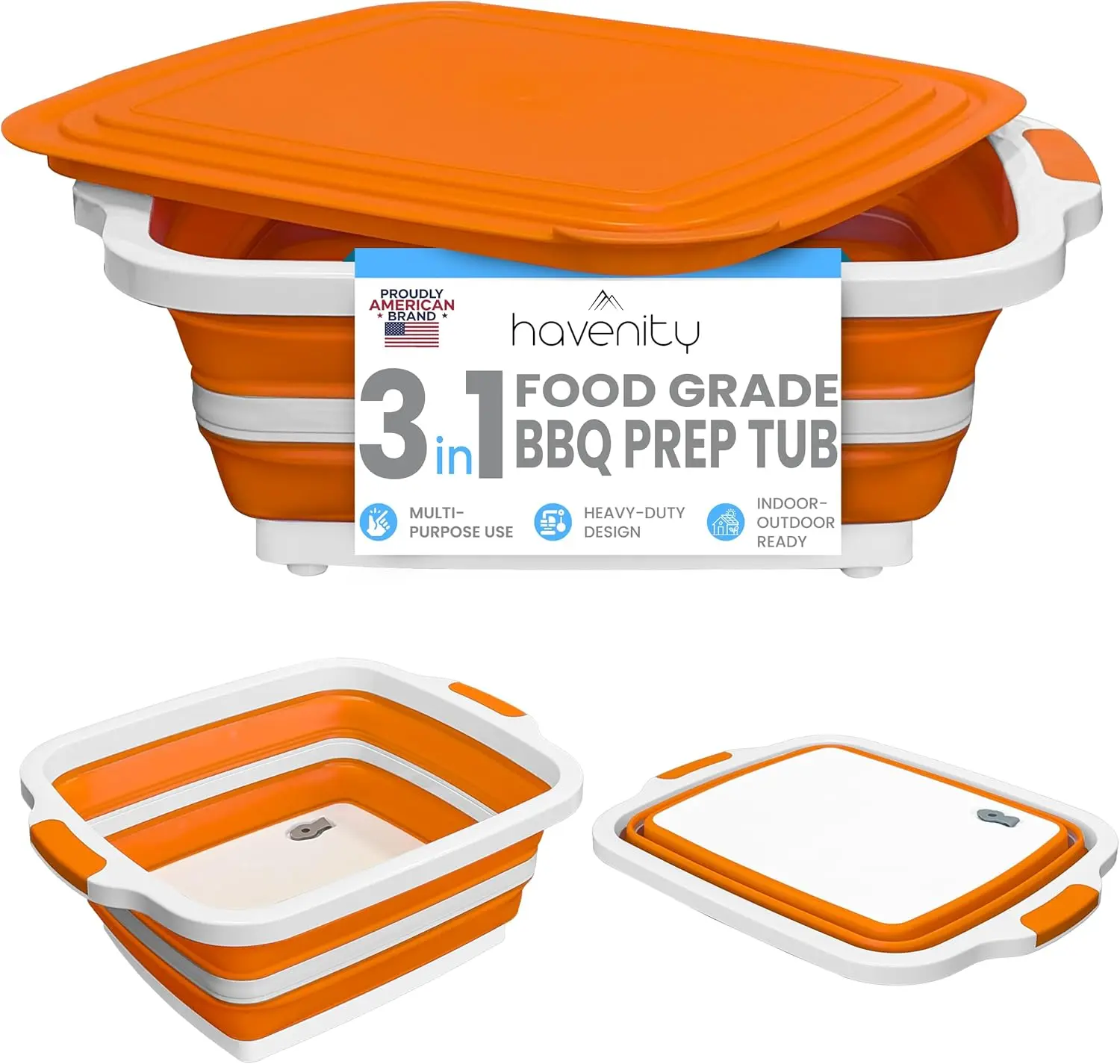 Havenity BBQ Prep Tub , Multifunctional Camping Cutting Board with Lid, Meat Prep Tub for Meal Prep Marinating Food, Tailgate Container with Lid, Collapsible Food Storage Containers Gifts Boyfriend,Husband and Father BBQ Brisket (Orange)