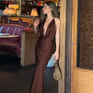Women's Solid Color Satin Cowl Neck Halter Tie Low-Cut Backless Maxi Dress 2025 Fall & Winter New Slim Fit A-Line Dresses Elegant Casual Wear Sexy Dinner Dates Long Dress summerwins